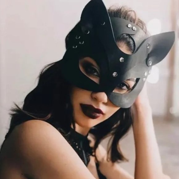 Leather Mask Cat Fox Naughty Fetish Kitty Masquerade Face Black Cosplay Goth New - Picture 3 of 10